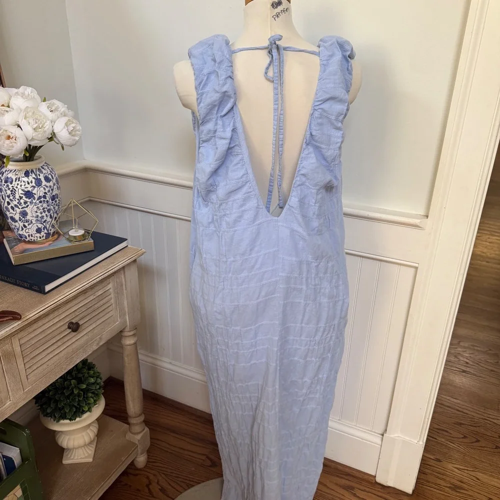 Free People Agatha Dress Turtledove Texture Corn Blue V-Neck Open Back Dress L - Picture 2 of 8